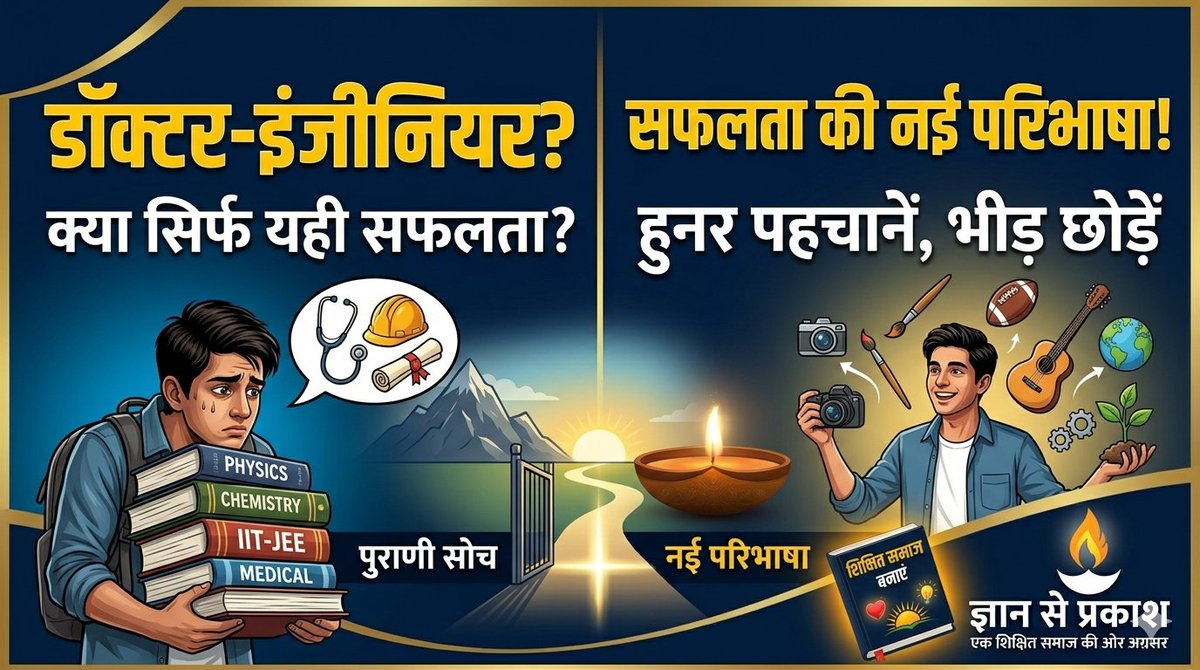 amitjha1501's tweet photo. Gyan Se Prakash ज्ञान से प्रकाश 
​🎯 क्या सिर्फ डॉक्टर या इंजीनियर बनना ही 'सफलता' है ?

​हम अपने बच्चों को भेड़चाल का हिस्सा बना रहे हैं या उनके असली हुनर को पहचान रहे हैं ?

सफलता की कोई एक परिभाषा नहीं होती ! आइए, डिग्रियों की दौड़ से बाहर निकलें, हर काम का सम्मान करें और एक नई सोच को अपनाएं।

​👇 पूरा आर्टिकल यहाँ पढ़ें:
https://t.co/VxMDreUy49 

#RedefineSuccess #GyanSePrakash #ShikshitSamajBanayein #CareerGuidance #SkillDevelopment #ParentingTips #MotivationHindi #SuccessMindset #DignityOfLabor #NayiSoch #YouthEmpowerment #LifeLessons #AmitJha