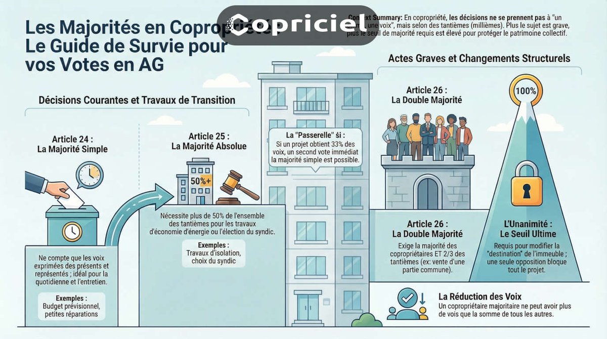Copriciel's tweet photo. Vous ne comprenez rien aux votes en assemblée générale ? C’est normal — mais ça vous coûte peut-être de l’argent.

👉 Article 24, 25, 26… ces règles déterminent :

* quels travaux passent (ou bloquent)
* comment changer de syndic
* pourquoi certaines décisions échouent malgré une majorité “pour”

Dans notre nouveau guide, on vous explique concrètement :
✔️ les 4 types de majorités
✔️ les pièges (abstention = non déguisé en art. 25/26)
✔️ la “passerelle” qui peut sauver un vote
✔️ comment éviter la paralysie en AG

📉 Une mauvaise compréhension = décisions bloquées, travaux retardés, valeur du bien impactée.

📖 Lire le guide complet : https://t.co/7jRstUmbzV

💡 Si vous êtes au conseil syndical ou syndic bénévole, c’est clairement un indispensable.

#copropriété #AG #syndic #immobilier #gestion #copriciel