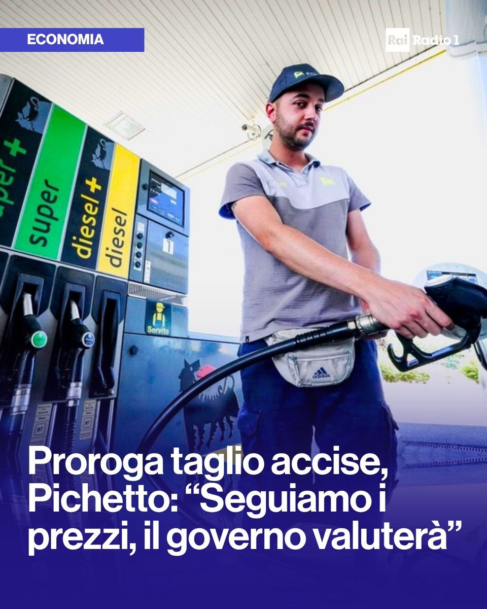 Radio1Rai's tweet image. 🔵#Carburanti Il governo valuterà la possibilità di prorogare il taglio delle #accise oltre i 20 giorni già decisi e tuttora in corso fino al 7 aprile. Così il ministro Pichetto Fratin: "La valutazione verrà fatta anche sulla rilevazione dei prezzi. Aspettiamo il rapporto".