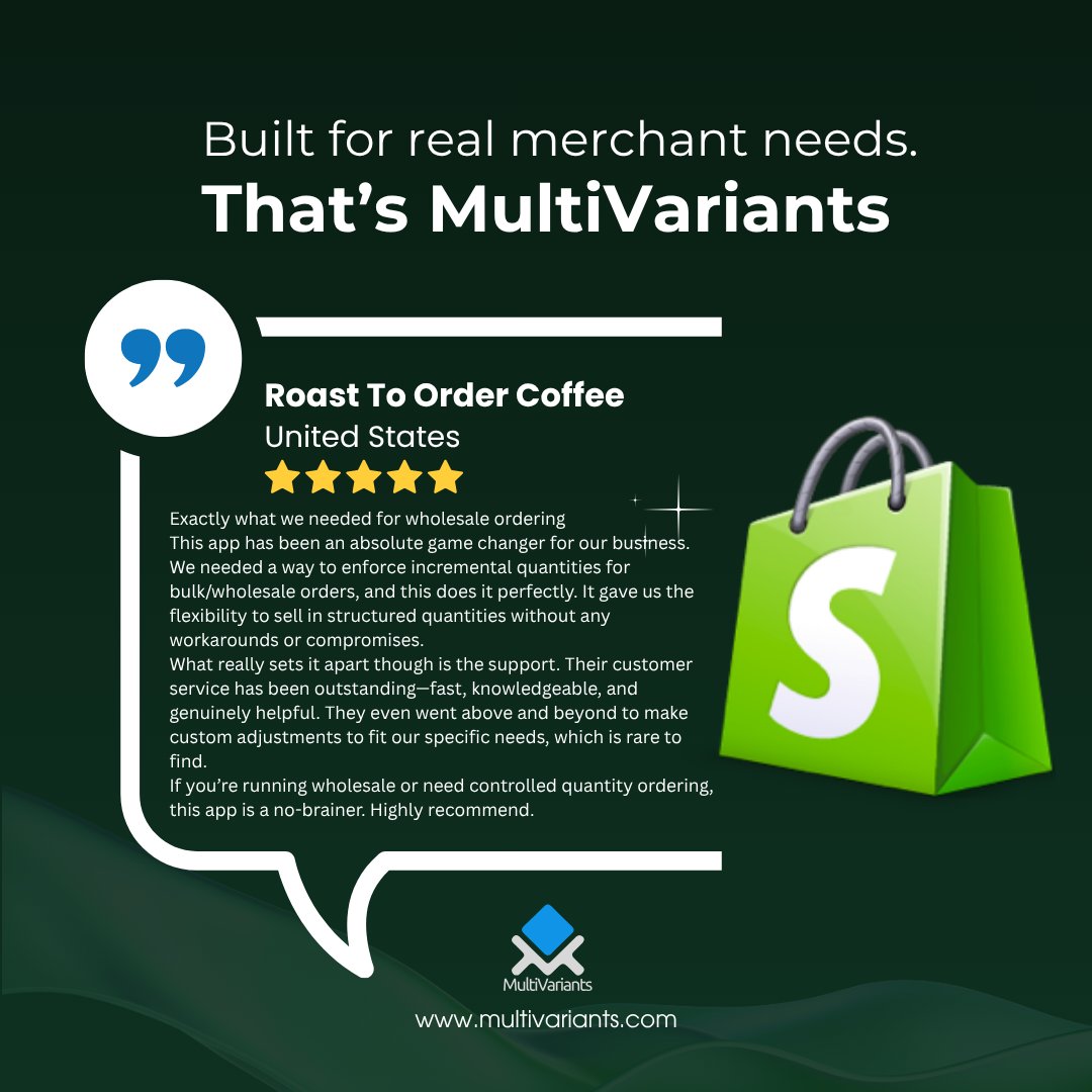 “We needed a way to enforce bulk quantities… and this does it perfectly.”

That’s what one of our happy merchants had to say 💬

Install the app now: apps.shopify.com/multivariants

#ShopifyStoreOwner #WholesaleSelling #EcommerceApps #BusinessGrowthTools #MultiVariants