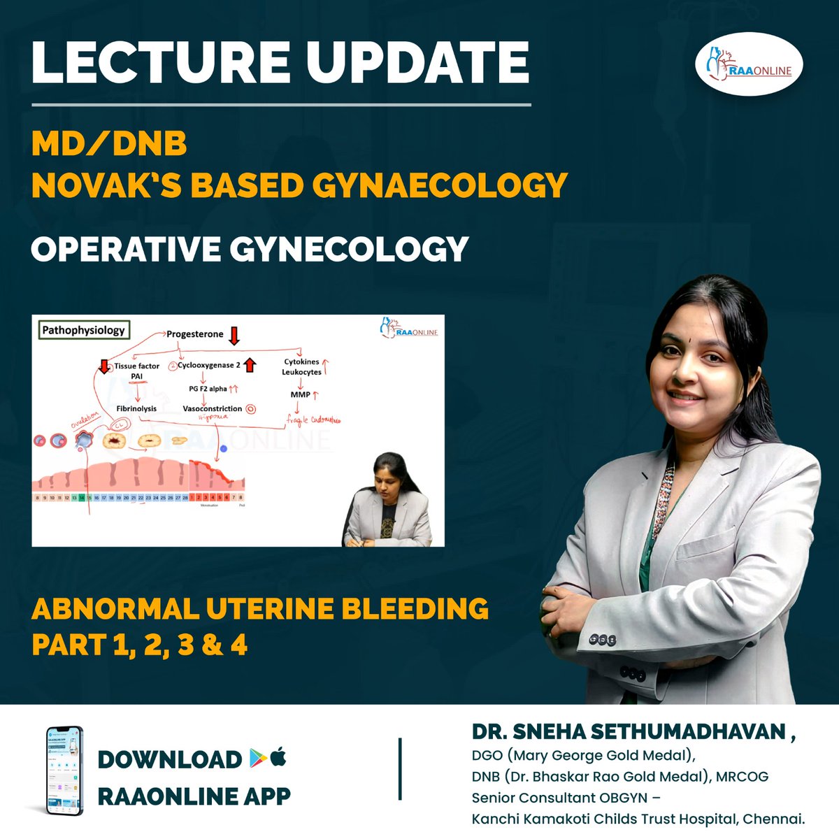Raaonline's tweet image. Lecture Update in Novak's Based Gynaecology - Abnormal Uterine Bleeding Part 1, 2, 3 &amp;amp; 4 by Dr. Sneha on the RAAONLINE App. Download the Raaonline App.
Android: play.google.com/store/apps/det…
IOS: apps.apple.com/in/app/raaonli…
Contact: +91-9994994266
#Raaonline #Abnormal #UterineBleeding