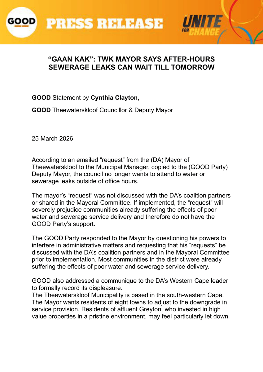 ForGoodZA's tweet photo. โWhether you live in Greyton or Grabouw, in a country home or a shack, if sewerage runs in the streets overnight, itโs a clear sign of a municipality failing its most basic functions.โ
Communities deserve dignity, not neglect.
#GOODParty #UniteForChange #ServiceDelivery #Theewaterskloof