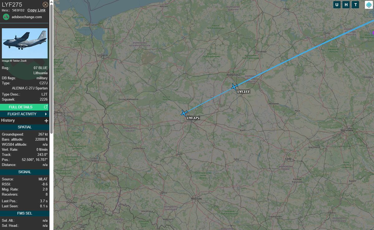 PolishMilRadar's tweet photo. 📅25.03 🕒07:53LT - 🇱🇹✈️✈️Litewskie C-27J nad Polską
🇱🇹 Siły Powietrzne Litwy
✈️Alenia C-27J Spartan | REG: 07 BLUE / 08 BLUE
🛫Baza Lotnicza Szawle #EYSA | Litwa 🇱🇹
🛬Nieznane ( prawdopodobnie Port lotniczy Norymberga #EDDN | Niemcy 🇩🇪)
#LYF275 leci na wysokości FL220/6706 metrów
#LYF277 leci na wysokości FL240/7315 metrów
🔗https://t.co/SQFnfSG7Cs
#POLMILRADAR