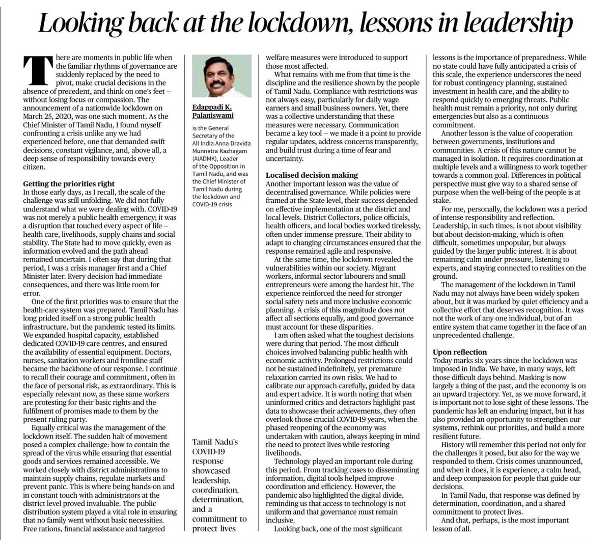 History will remember the lockdown not just for its challenges, but for how we responded.

In times of crisis, it is experience, calm leadership, and compassion that must guide decisions.

In Tamil Nadu, that response was defined by determination, coordination, and a shared