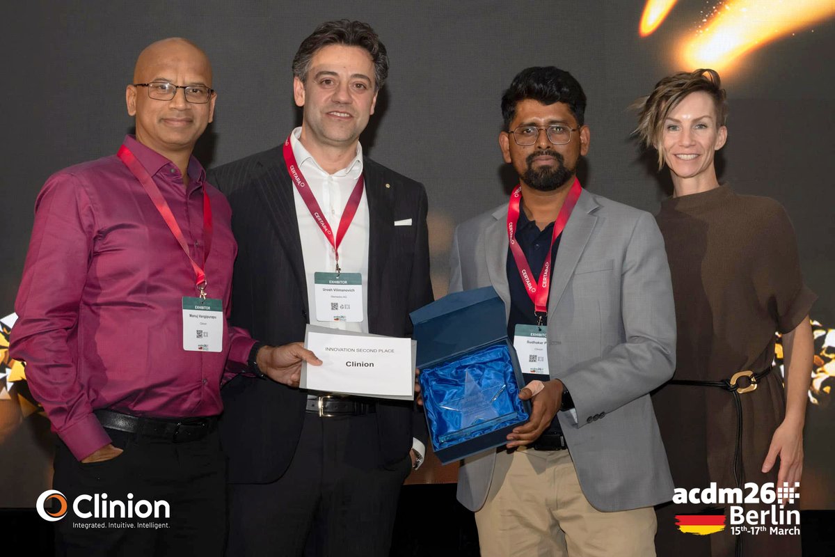clinion's tweet image. The Clinion team was at #ACDM2026 in Berlin. 
A defining highlight was being recognized with the #InnovationAward in the Management of #ClinicalData for our #MultiAgent Conversational AI Assistant. 

Excited to push boundaries and drive even greater impact. 

#ClinionAI