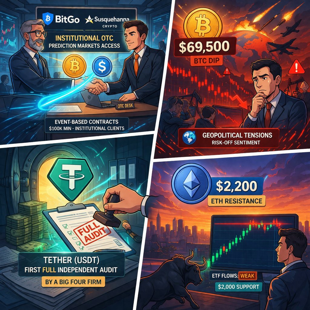 crypto_news99's tweet photo. 📊加密市场最新动态
BitGo 与 Susquehanna 推出机构级预测市场接入，显示资金正向机构化发展；BTC 因地缘政治紧张回落至约7万美元下方；Tether 计划接受“四大”首次全面审计提升透明度；ETH 在2200美元附近遇阻，市场仍缺乏新的上涨动力。整体来看，短线波动加大，但行业基础建设持续推进。🪙📉⚖️
#Bitcoin
#Ethereum
#CryptoNews