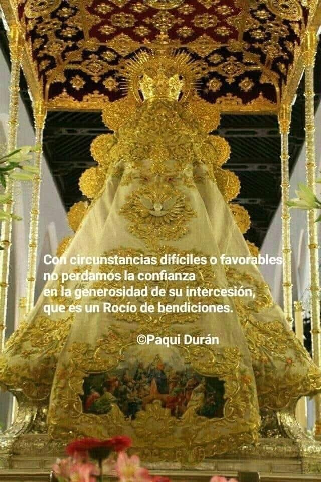 Buenos días, salud, paz y bien.
Bajo el manto de la Virgen del Rocío y en su manos, dejo descansar el peso de nuestros corazones, abriéndonos al bien que Ella nos trae a raudales.
Feliz miércoles.