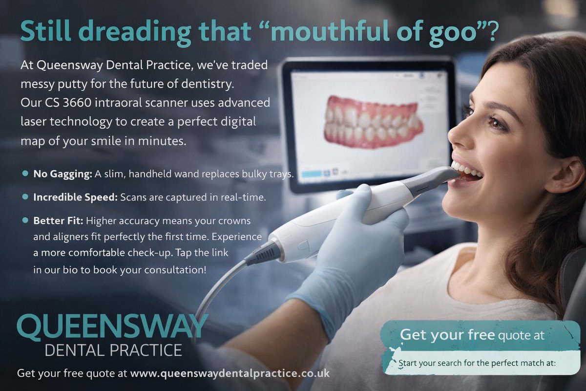 Ditch messy impressions! 😁 Try fast, gag-free digital scans at Queensway Dental. Book today!
#DigitalDentistry #SmileCare #NoGagging