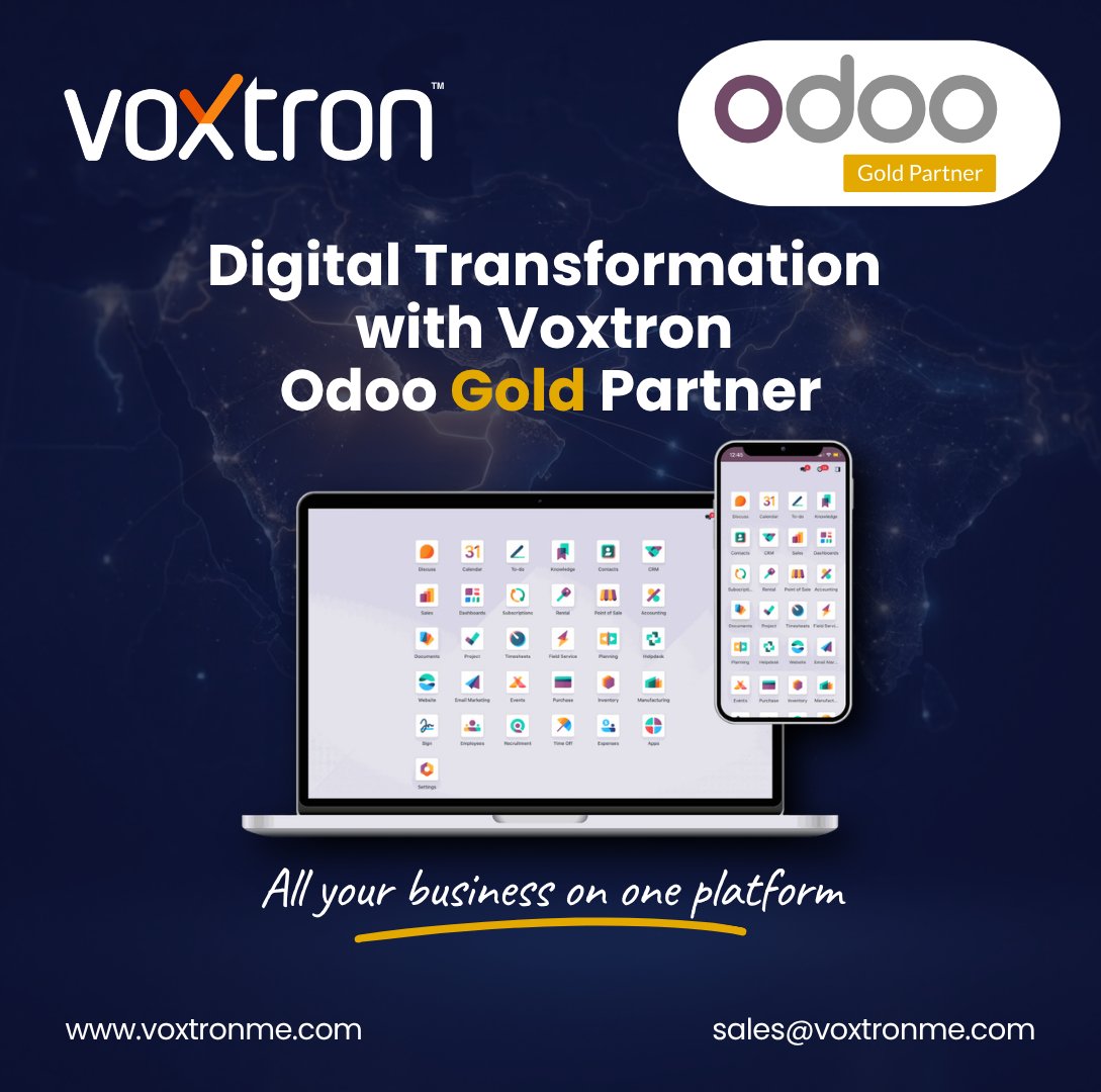 Voxtronsolution's tweet photo. What if your entire business ran on one platform? 

With Voxtron, it can. 

As an Odoo Gold Partner, we deliver scalable ERP, CRM &amp; HRMS solutions. One platform. Total control. Real growth. 

https://t.co/u2VeLN57fN 

#OdooERP #Voxtron #DigitalTransformation #ERP #CRM #Automation https://t.co/2MwrlTPm5u