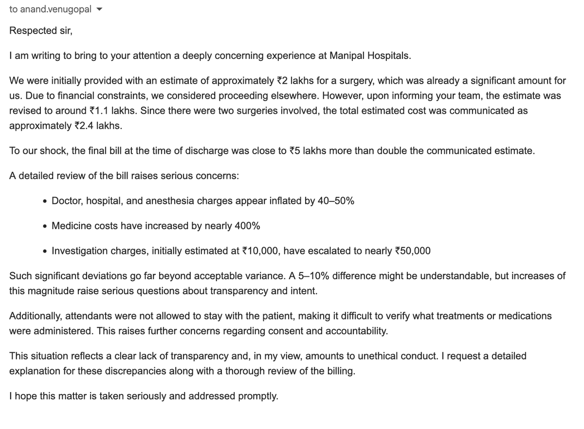 Shameful act. no one should trust manipal hospital, very unethical prcatices going on. Patients be aware of
<a href="/ManipalHealth/">Manipal Hospitals</a> 

I wish i had chosen you guys 
<a href="/MaxHealthcare/">Max Healthcare</a> <a href="/medanta/">Medanta</a> <a href="/ApolloHosMumbai/">Apollo Hospitals</a> <a href="/WellnessFelix/">FelixHealthCare</a> 

#fraud #thugs #unethical #misconduct #MHEL #ipo #india #news