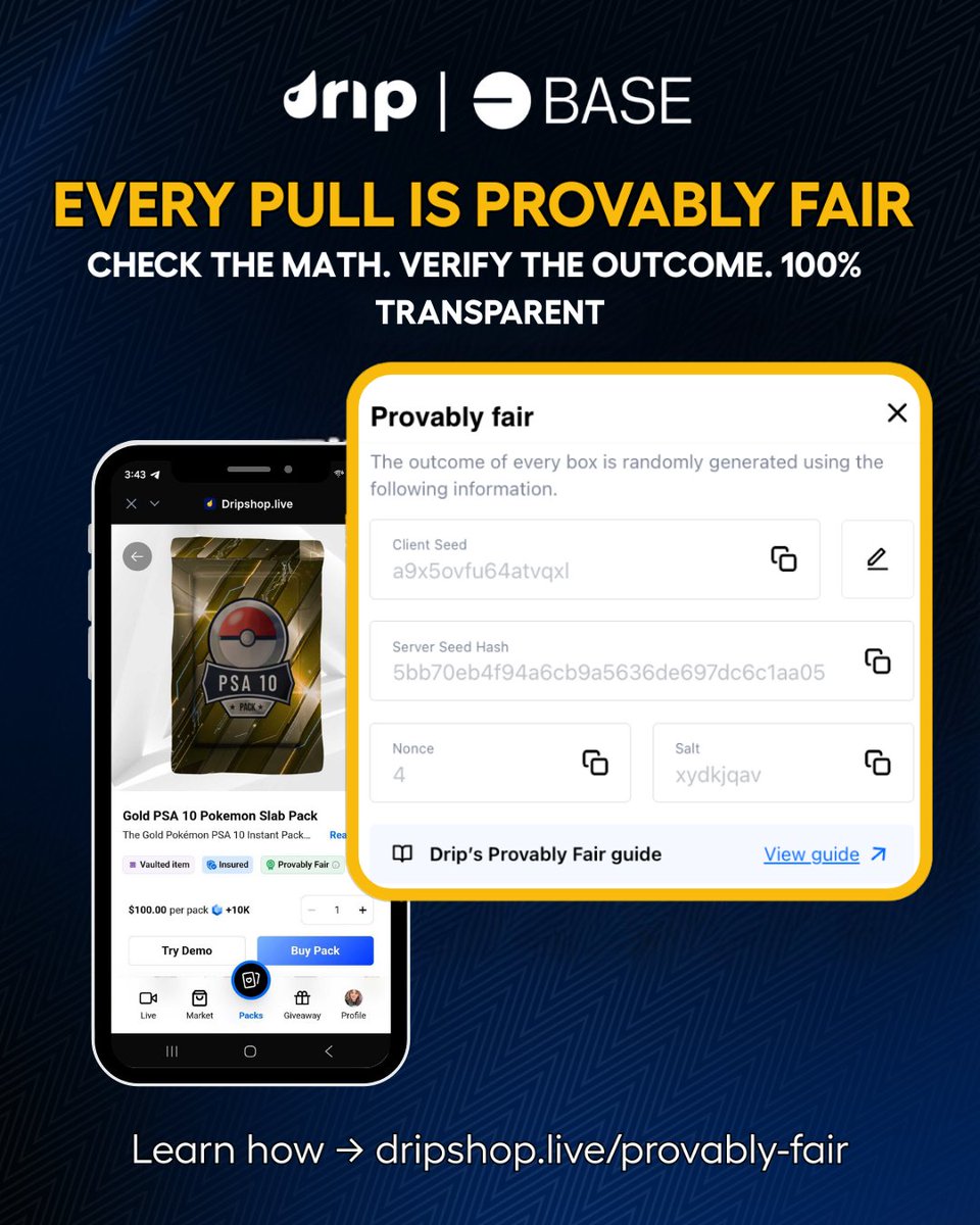 dripshop_live's tweet photo. Every pull should be transparent.

Drip Instant Packs use provably fair mechanics so anyone can verify how outcomes are generated.

Check the math. Verify the outcome. https://t.co/v6Wmr2FC1M