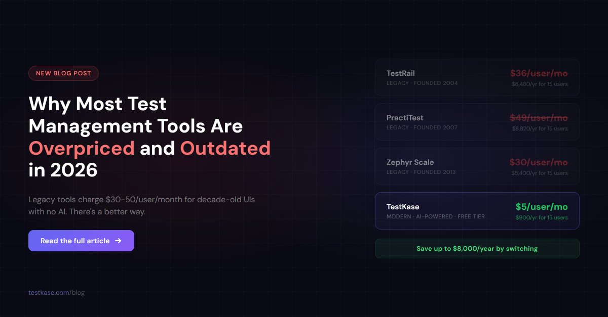 testkase606's tweet photo. Are you paying $30-50/user/month for test management software that hasn't changed in 10 years?

We wrote about why legacy QA tools are overpriced, what modern alternatives look like, and how AI is changing the economics of test management. https://t.co/a8552rd6Xj