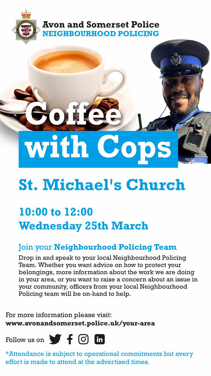 ASPBathNES's tweet photo. Coffee with Cops!
St Michael's Church,
Broad Street, Bath
10:00-12:00 Wednesday 25th March

A place where you can ask questions and in turn we can offer advice as well as provide crime prevention material 👮 https://t.co/Bld4eMJGcO