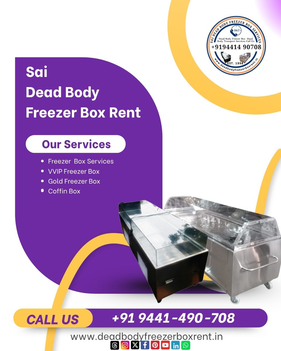 saideadbodyhyd's tweet photo. Sai dead body freezer box rent
Our services:
✅Freezer box services
✅VVIP freezer box
✅Gold freezer box
✅Coffin box
Call us +91 9441-490-708
#DeadBodyPreservationHyd #FreezerBoxRentalHyderabad #VVIPFreezerBoxHyd #DoubleLayerFreezerBoxHyd #FreezerBoxNearMeHyd #24x7FreezerBox https://t.co/1h7bP7zh96
