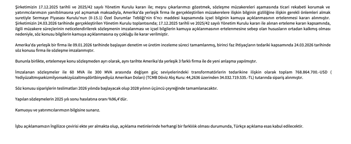 ValueMind20's tweet photo. #ASTOR Harika bir haber geldi
 
💰 Sipariş tutarı:→ 768.864.700 USD→ ~34 Milyar TL (kur: 44,26)

📊 2025 yılı sonu hasılatına oranı: %96,4 (Tek bir sözleşme paketinin hasılata oranı neredeyse yıllık ciroyla eşdeğer!)
🏭 Teslimat: 2026'da başlıyor → 2028 Q3'te tamamlanıyor. https://t.co/iriSHR1pTH