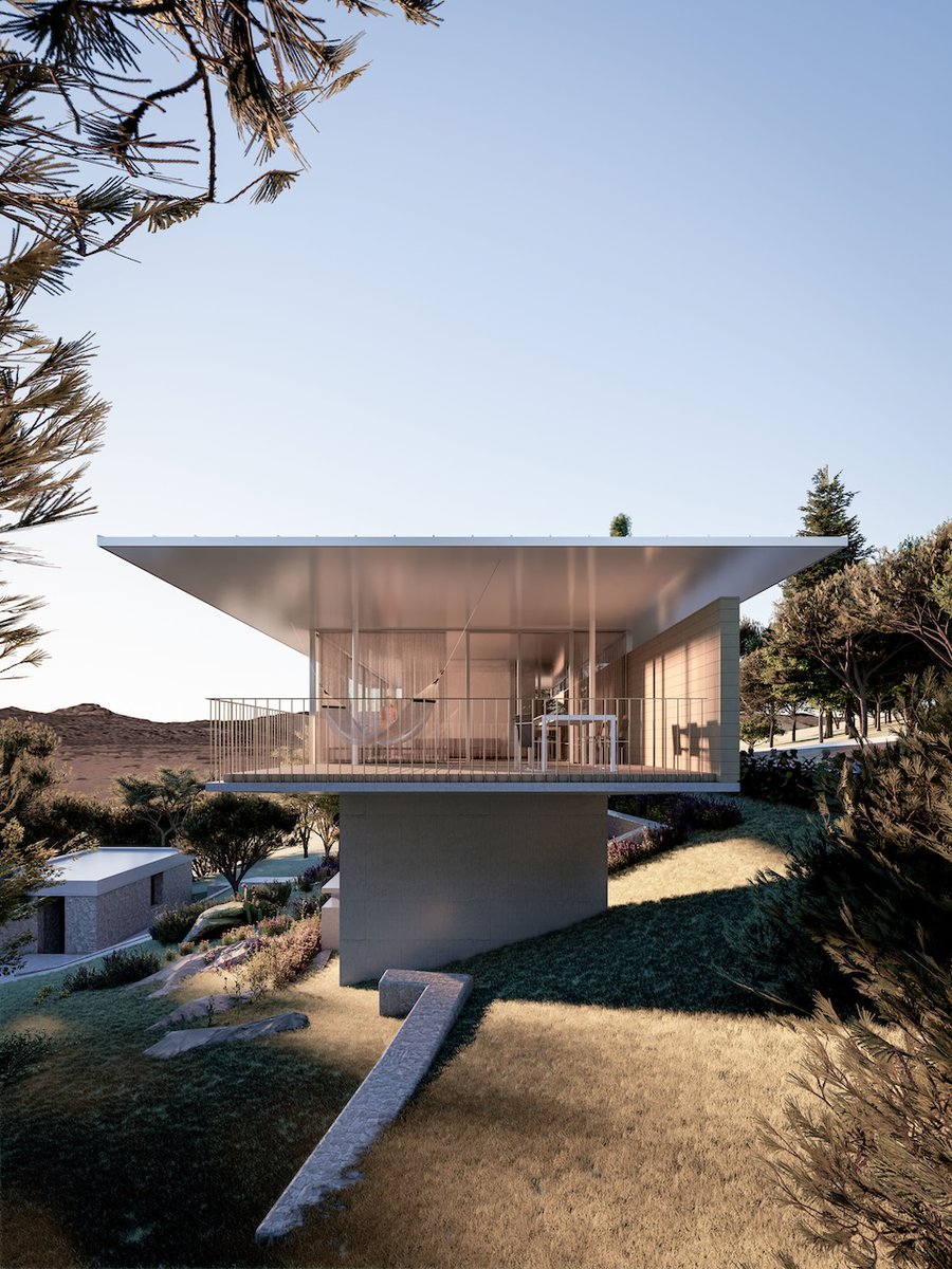 Architizer's tweet photo. The design of the residence seeks a discreet integration into the landscape, avoiding architectural imposition while creating a retreat of tranquility and escape, maintaining a constant dialogue with nature.

📍Saronida, Greece
Project by: Agis Mourelatos | Architects
Details: https://t.co/1GWynpaNIz
