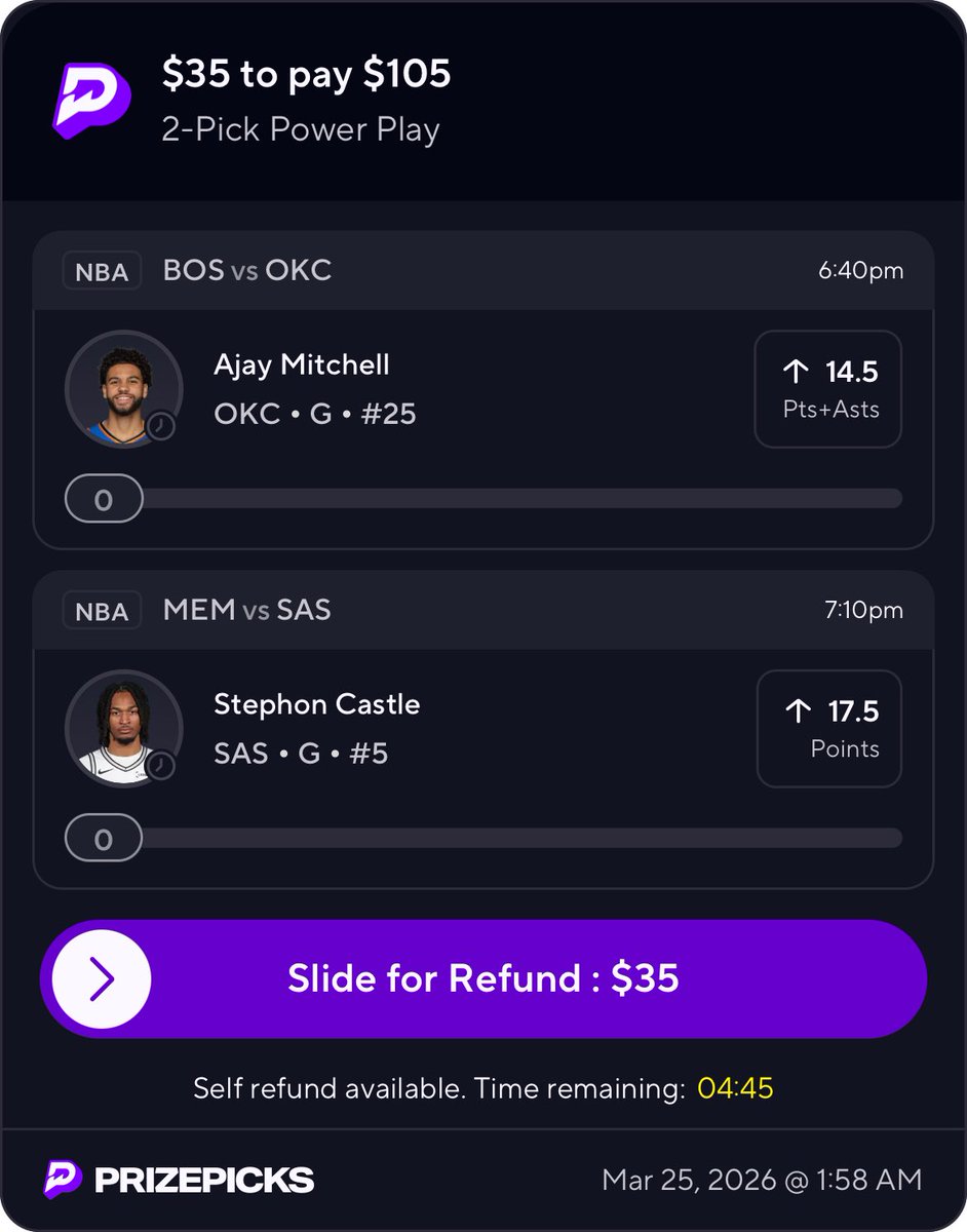 PlangPicks's tweet photo. 3x SLIP 🎯

Ajay Mitchell over 14.5 points + assists — solid combo line for a guard that can contribute both as a scorer and playmaker.
Stephon Castle over 17.5 points — good scoring spot and he can get there if he stays aggressive.

Another clean 3x 💰
https://t.co/X3KjhQbjs8 #prizepicks #SportsBettingX #foryou #PlayerPicks