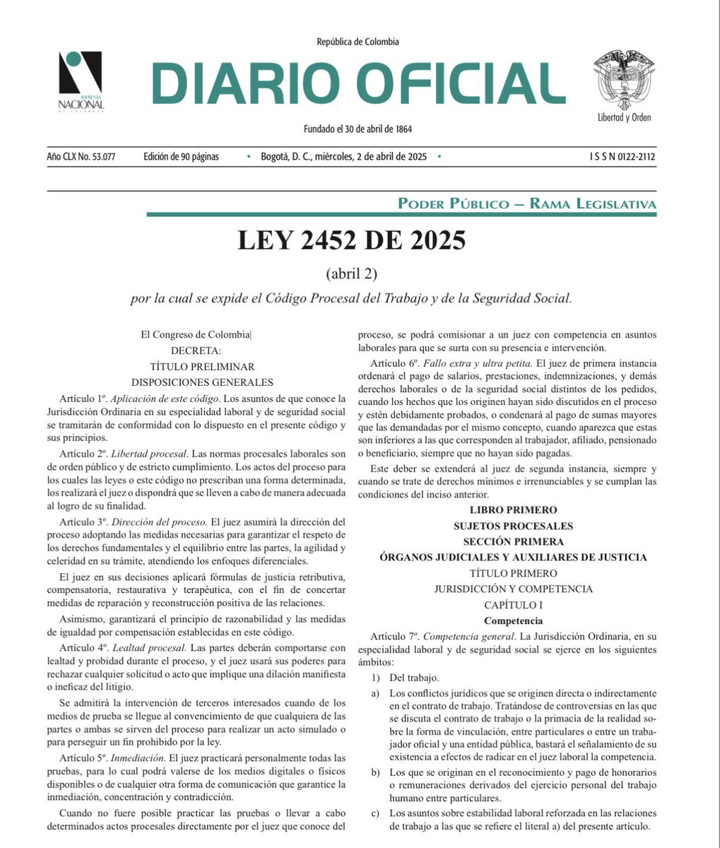 sermeca's tweet photo. 📒 El próximo 3 de abril entrará en vigencia el Código Procesal del Trabajo y de la Seguridad Social (Ley 2452 de 2025) y quedará atrás, después de 77 años, el Decreto 2158 de 1948. Muy importante que los abogados no laboralistas se actualicen sobre el nuevo procedimiento ante la Jurisdicción Ordinaria Laboral y no vayan a pasar una vergüenza.