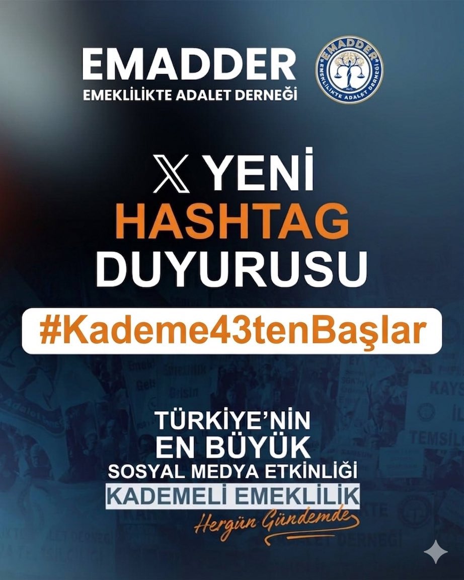 📣📣 TAG DUYURUSU 📣📣
👇👇👇👇👇
#Kademe43tenBaşlar

Kademeli emeklilik düzenlemesi yapılacaksa, adaletin temeli 43 yaş başlangıcıdır.
Çünkü 8 Eylül 1999 öncesi ve sonrası arasında oluşan uçurum,17-20 sene mağduriyet yaratmıştır.

Aynı hatta fazladan prim gününü dolduran, aynı