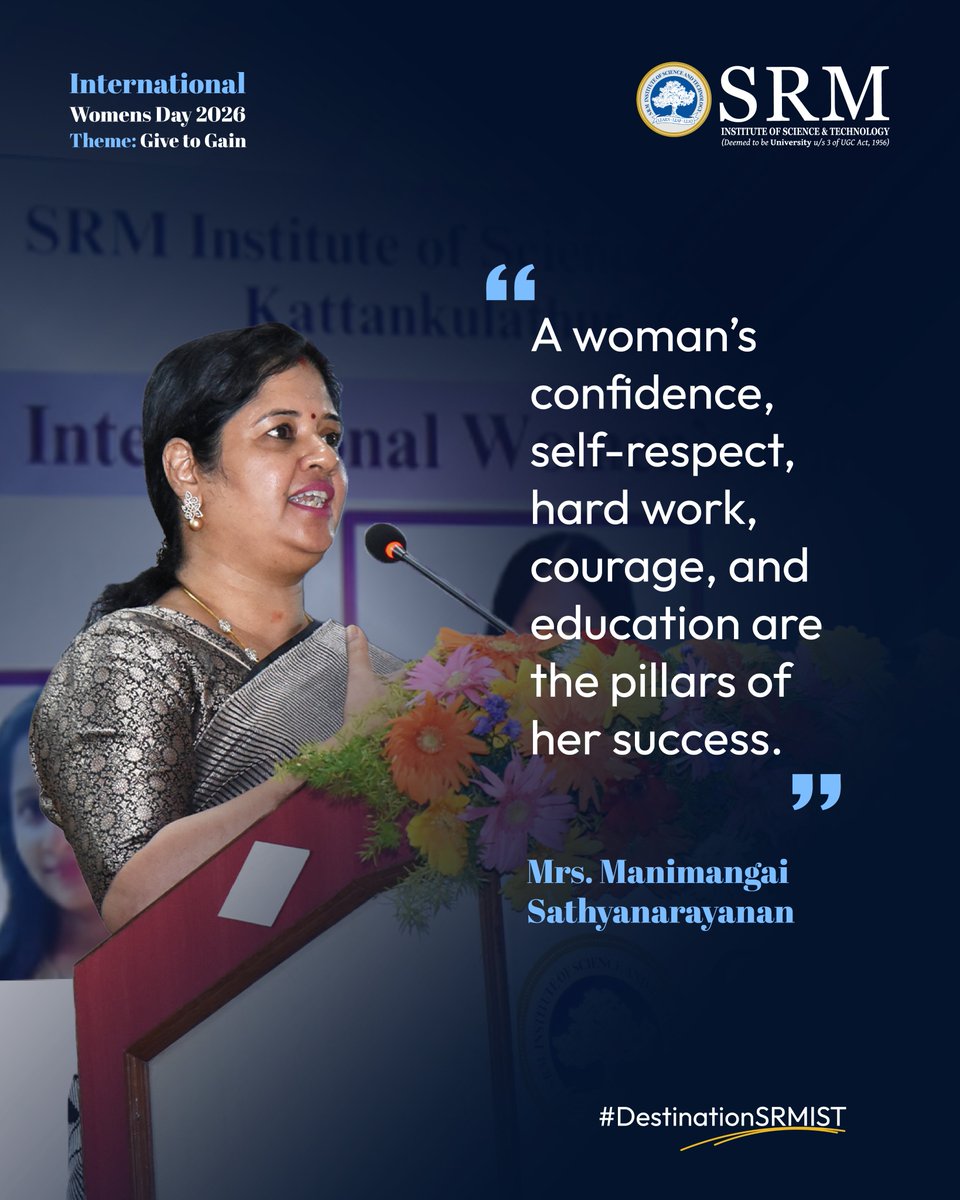 SRM_Univ's tweet image. Mrs. Manimangai Sathyanarayanan: “A woman's confidence, self-respect, hard work, courage, and education are the pillars of her success.”  

Empowered women shape families, workplaces &amp;amp; society. At #SRMIST, women are empowered to lead and transform the future. 
#WomenEmpowerment