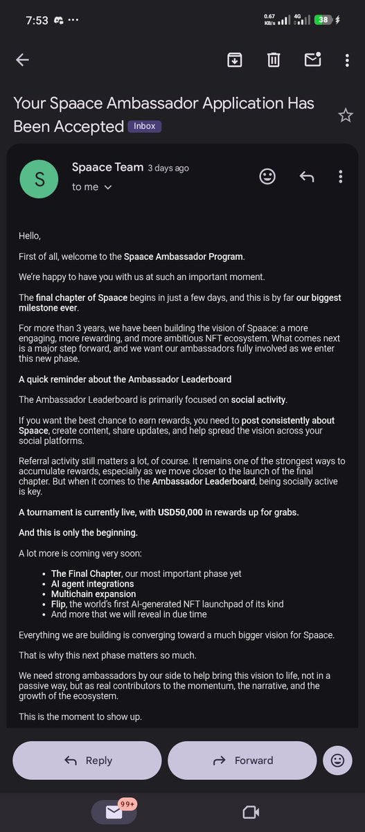 Chukwuebuk70752's tweet photo. Wow! I didn’t expect this… I just got accepted as a Space Ambassador.

It’s super competitive, but I’m excited to get involved.

@Spaace_io aims to revive NFTs.

Not just a marketplace, 
Its actually a gamified ecosystem where you:

• Trade NFTs
• Earn XP through quests
• Climb leaderboards
• Qualify for $SPAACE rewards

With revenue sharing plus upcoming AI-native launchpad on @base
it’s turning NFTs into identity, reputation, and rewards.
