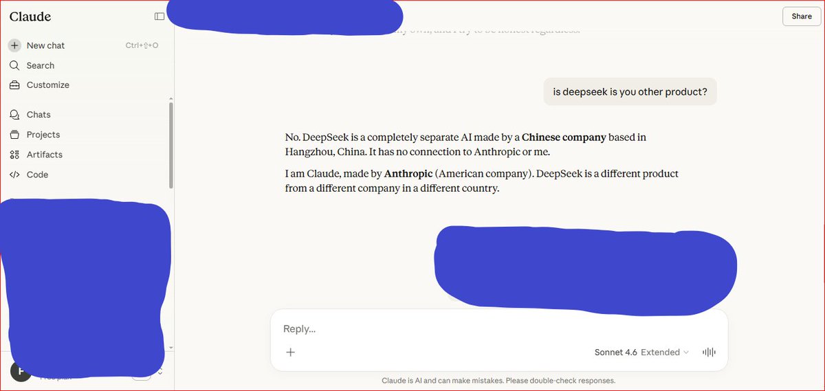 I asked #DeepSeek 'you are from which countery?'
and the reply was absolutely SHOCKING 😱🤯😳

 I was NOT ready for that answer 😂🔥

Then asked Anthropic.... Answer is....

#AI #Shocking #ClaudeAi

<a href="/deepseek_ai/">DeepSeek</a> <a href="/AnthropicAI/">Anthropic</a> <a href="/ChatGPTapp/">ChatGPT</a> <a href="/grok/">Grok</a> <a href="/elonmusk/">Elon Musk</a> <a href="/DarioAmodei/">Dario Amodei</a>