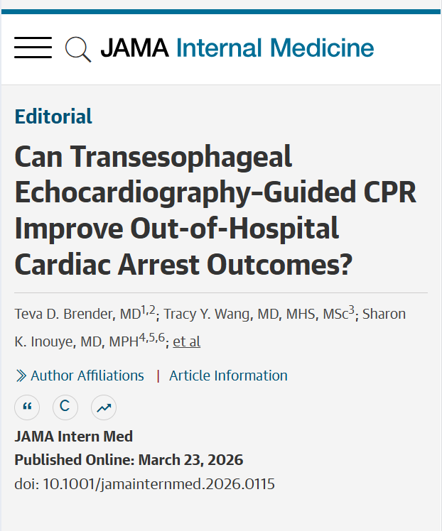 JAMAInternalMed's tweet image. 💬 Editorial: Routine TEE-guided #CPR is not supported for out-of-hospital cardiac arrest; implementation depends on local feasibility and operator training.

ja.ma/4d98gtM