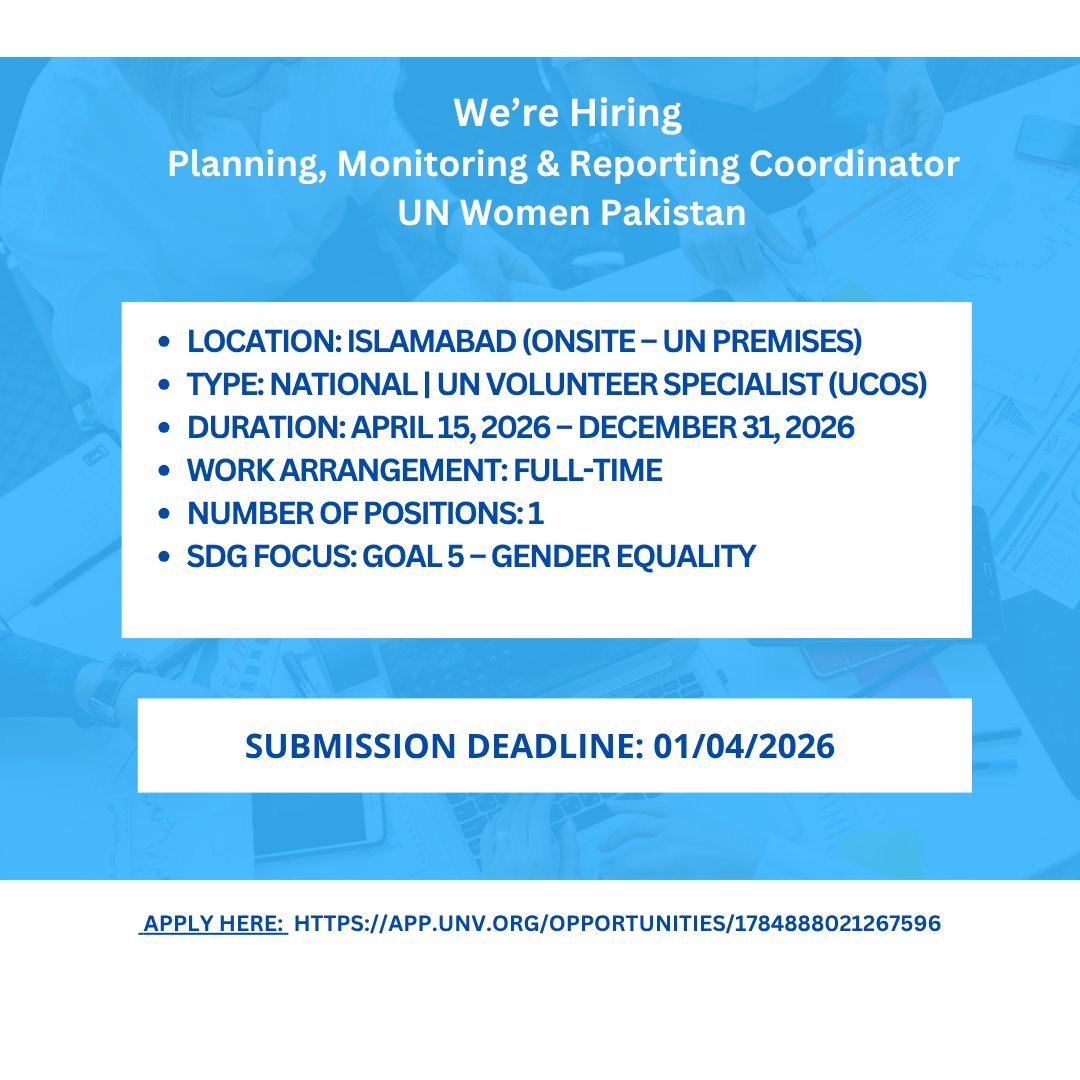 unwomen_pak's tweet image. 📢 We’re hiring!
Join  as a Planning, Monitoring &amp;amp; Reporting Coordinator (UNV Specialist) in Islamabad. Contribute to advancing #GenderEquality &amp;amp; strengthening results-based programming.

🗓️ Apr–Dec 2026 | Full-time
👉 Apply: app.unv.org/opportunities/…
#UNWomen #Hiring #SDG5