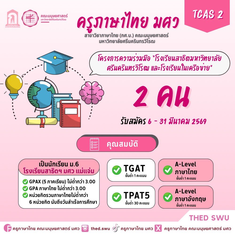 ครูภาษาไทย มศว เปิดรับสมัคร TCAS รอบที่ 2 (Quota) 🎓✨

📌 เปิดรับทั้งหมด 3 โครงการ
🗓 สมัครได้ตั้งแต่ วันนี้ – 31 มีนาคม 2569

สามารถตรวจสอบเกณฑ์การรับสมัครได้ที่
🔗 admission.swu.ac.th/admissions2/

#ครูภาษาไทยมศว #THED #SWU #TCAS69 #Dek69