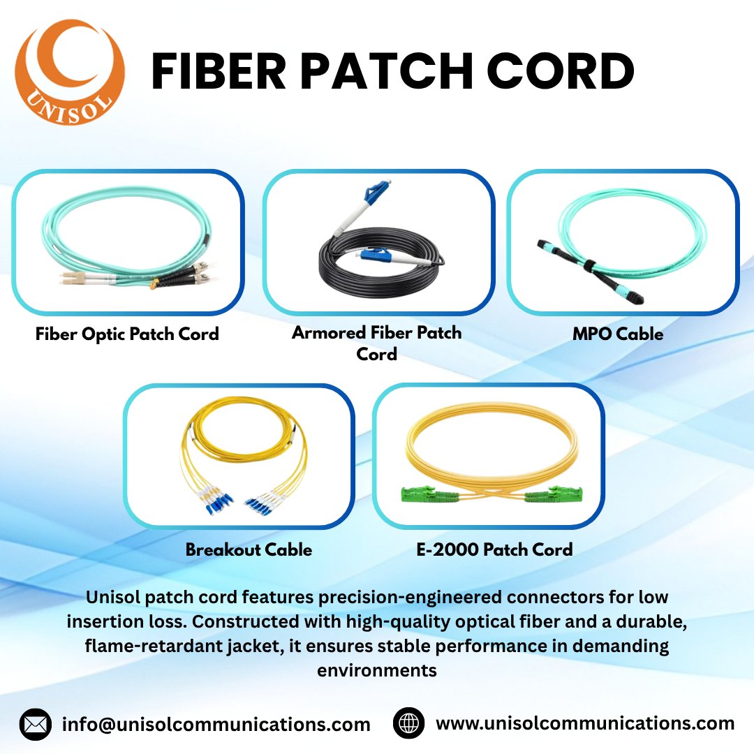 unisolcompany's tweet photo. Reliable fiber connectivity for modern networks.
Our Fiber Patch Cords deliver low insertion loss and high-performance data transmission for telecom and data center applications.
#fiberoptic #datacenter #networking #telecom #opticalfiber #fiberpatchcord #ftth #technetwork https://t.co/eO05dL6r7p