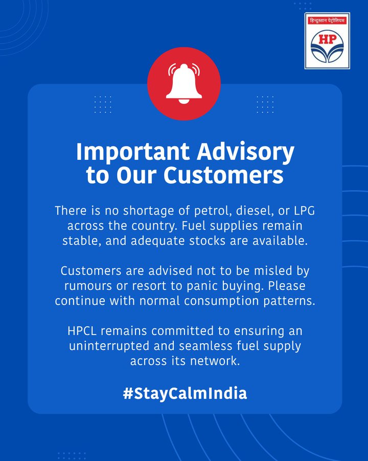 VarunNR_79's tweet photo. Major Oil companies in India have assured that there is no Petrol/Diesel shortage in India.

They also advised to stop panic buying amid rumours of #Energylockdown #Minilockdown

#StayCalmIndia https://t.co/EDNtmMl7oK