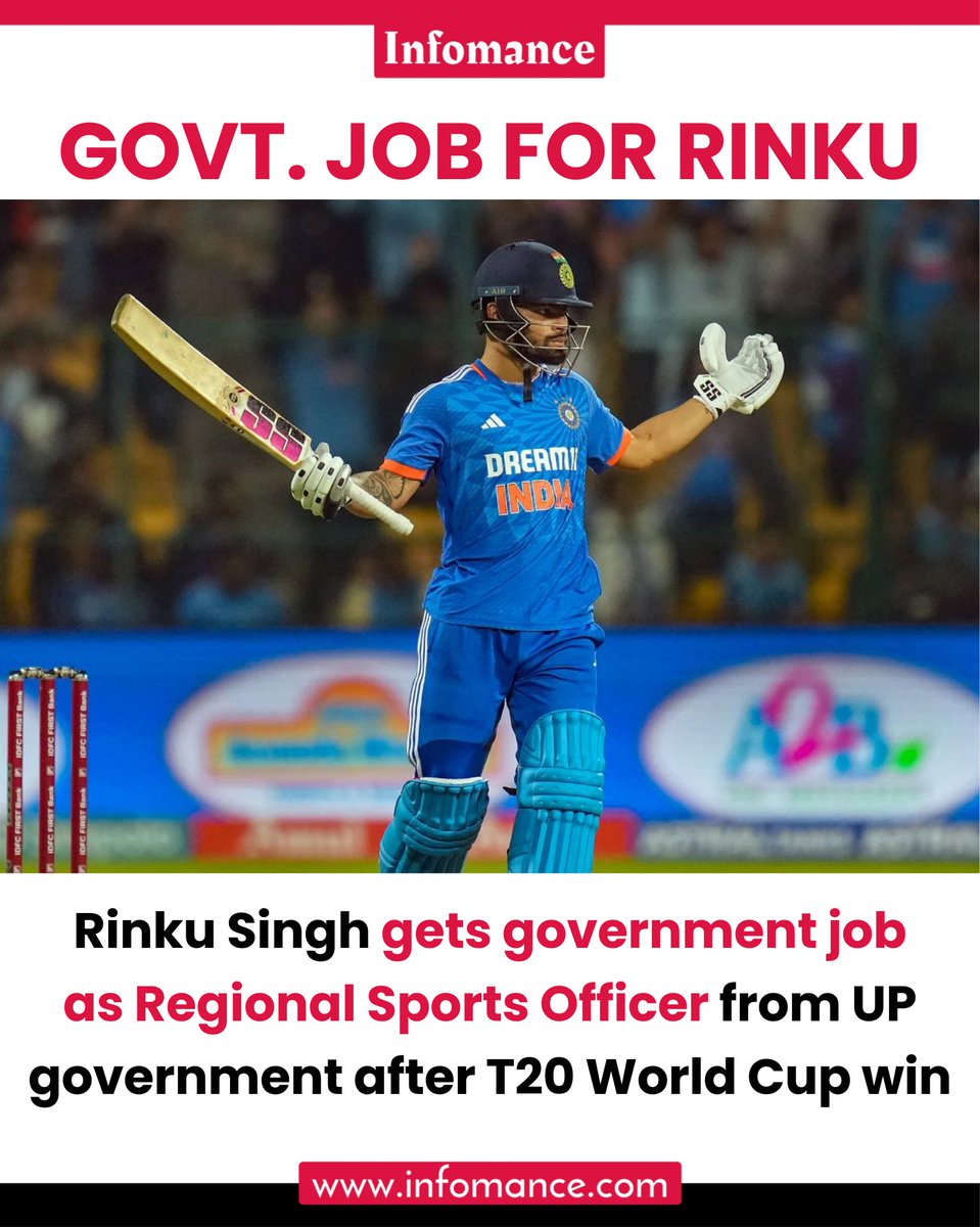 theInfomance's tweet photo. Indian cricketer Rinku Singh is set to be appointed as a Regional Sports Officer by the Uttar Pradesh government. This step is part of a larger plan to reward athletes for their performance with government jobs and support. https://t.co/OHKUQT6i3y
