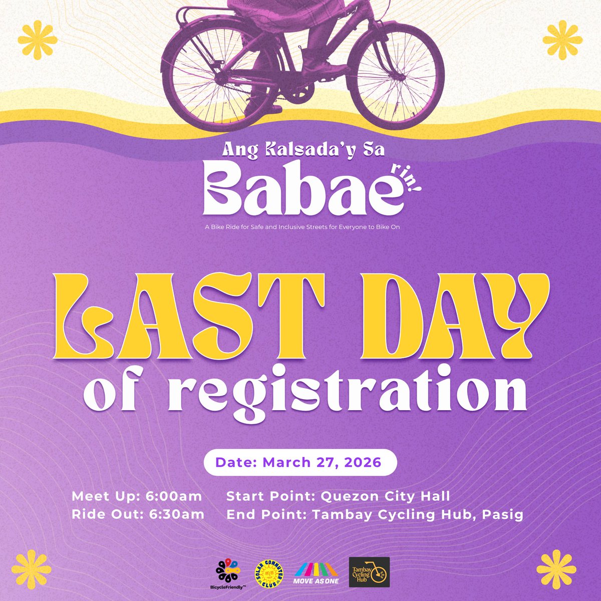 MoveAsOnePH's tweet photo. LAST DAY NA! 💜

Huling pagkakataon na para mag-register sa
“Ang Kalsada’y Sa Babae Rin” Bike Ride

📅 March 27, 2026
📍 QC Hall → Tambay Cycling Hub

Mag-register sa:
https://t.co/Gh3IOykwlt https://t.co/5RAe4wh4Sk
