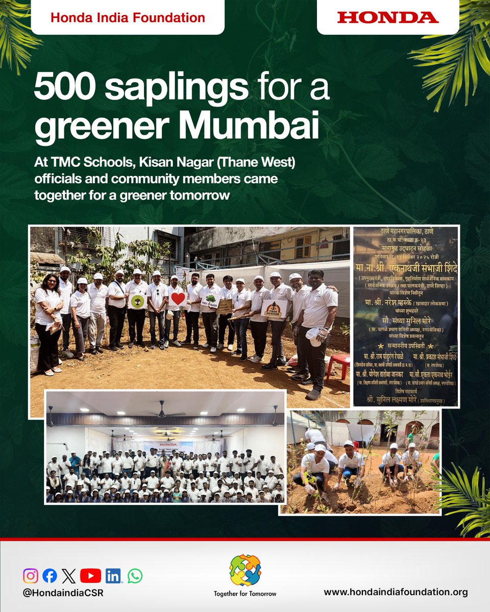 Urban sustainability begins with local action.
In a recent initiative, 500 saplings were planted in Mumbai with the support of Mr. Piyush Mittal (Vice President, HCIL , Advisor -HIF), Mrs. Sandhya Sunil More (Corporator), Mr. Deepak Jadhav (Principal, TMC School), along with