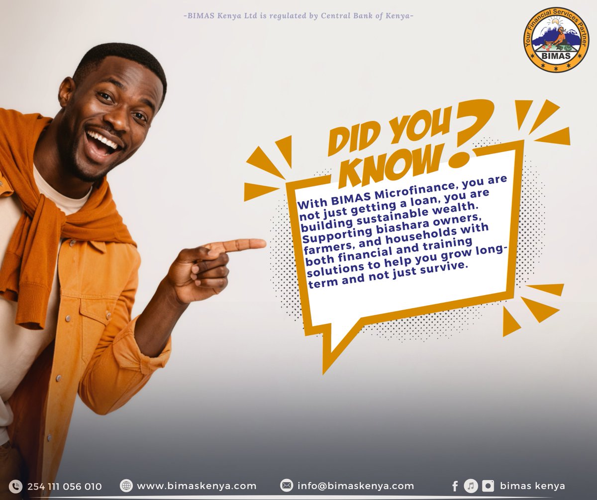 bimas_kenya's tweet image. Did you know the right financial support can turn your everyday hustle into real, lasting growth?

Visit your nearest BIMAS branch today and take that next step.

#BIMASMicrofinance #Didyouknow #NextLevel #BusinessSupport #EmpowerYourFuture #KenyanEntrepreneurs #GrowthMindset