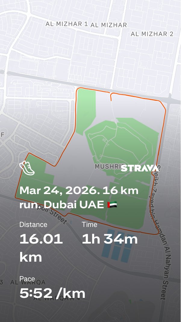 beshtawy's tweet photo. Mar 25, 2026. 16 km run. #UAE #Dubai #running #Asics #Metaspeed_Sky_Tokyo @googlephotos #garminラン #Metaspeed_Tokyo_Ray Check out my run on Strava.
https://t.co/vnMT5eERfc https://t.co/gfyFkvbcpZ