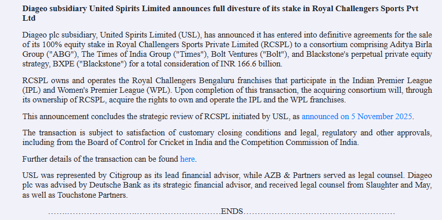 entrustTMF's tweet image. #DGE Diageo subsidiary USL announces divesture in RCB

investegate.co.uk/announcement/r…