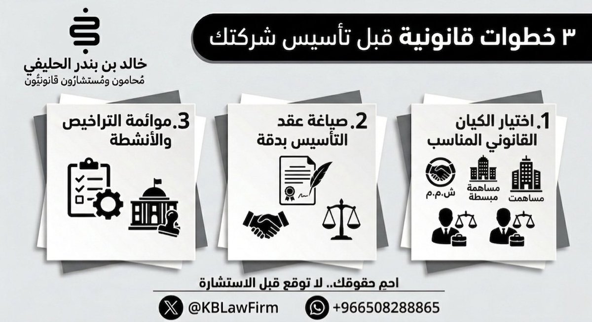 KBLawFirm's tweet photo. لرواد الأعمال: بداية مشروعك بنموذج قانوني صحيح هو سر استمراره ونموه. 🏢
"عقد التأسيس" ليس مجرد ورقة روتينية، بل هو الدستور الذي يحمي حقوق الشركاء ويمنع النزاعات المستقبلية. ⚖️
إليك خارطة الطريق القانونية لتأسيس كيان تجاري متين.
#أعمال #استثمار https://t.co/npTywbXQqL