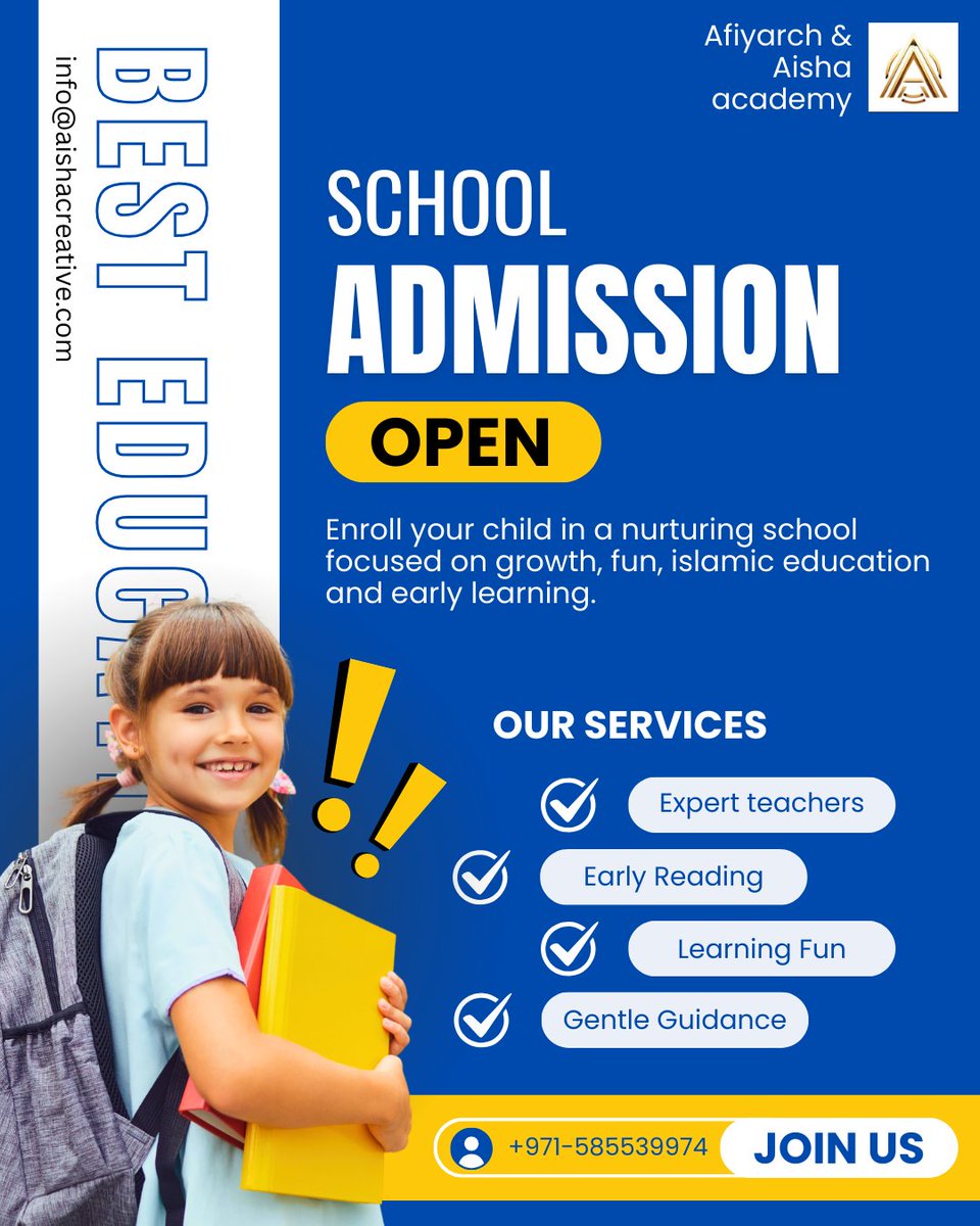 AndAisha38298's tweet image. Your child deserves the best education!
Admissions for 2026 are now open at Afiyarch &amp;amp; Aisha Academy.
📷 Limited seats available – Don’t miss out!
📷 Enroll today and be part of our growing learning community
#ParentsChoice #bestForYourChild #childeducation #kidslearning
