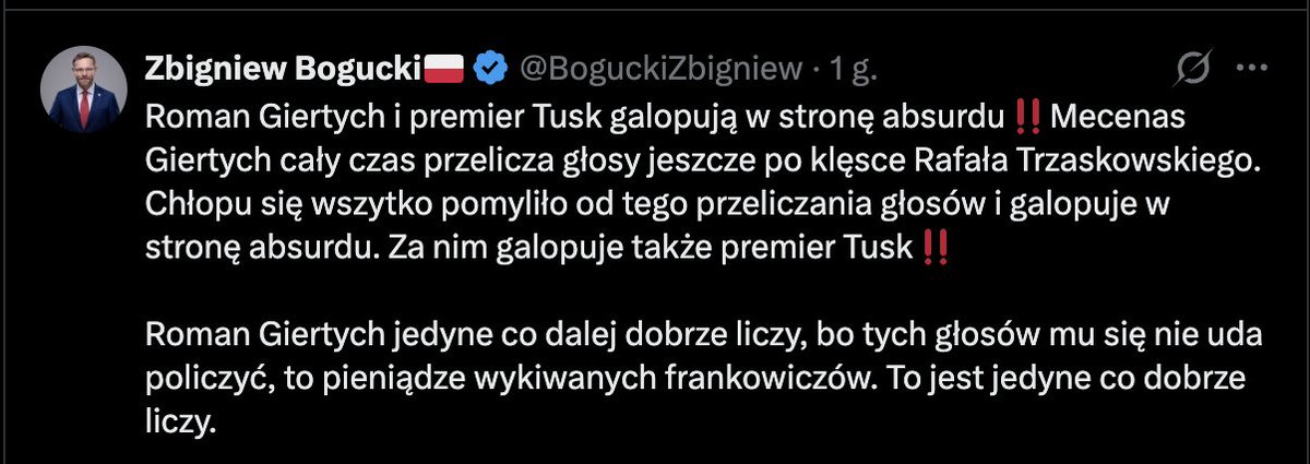 Personel pałacowy bardzo boi się tematu przeliczenia głosów, a najbardziej boją się Giertycha i jego uporu. Wiedzą już, że ten temat nie zniknie, nie uda się go niczym przykryć. Bogucki robi się bardzo nerwowy, skądinąd słusznie.