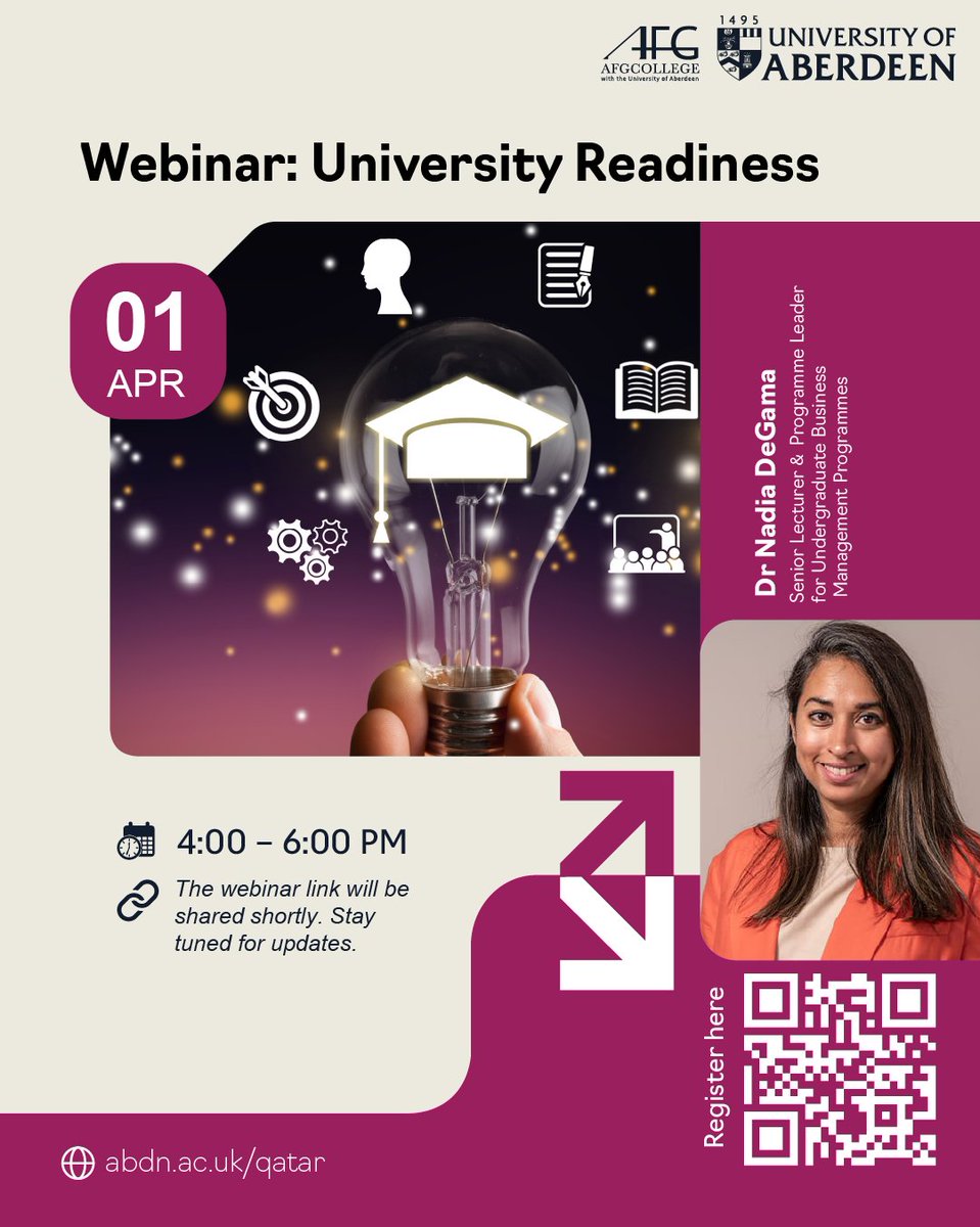 Join us for the University Readiness Webinar, delivered by Dr Nadia deGama, as part of AFG College with the University of Aberdeen’s commitment to inclusivity, community engagement, and widening access to higher education.

This session will support high school students and