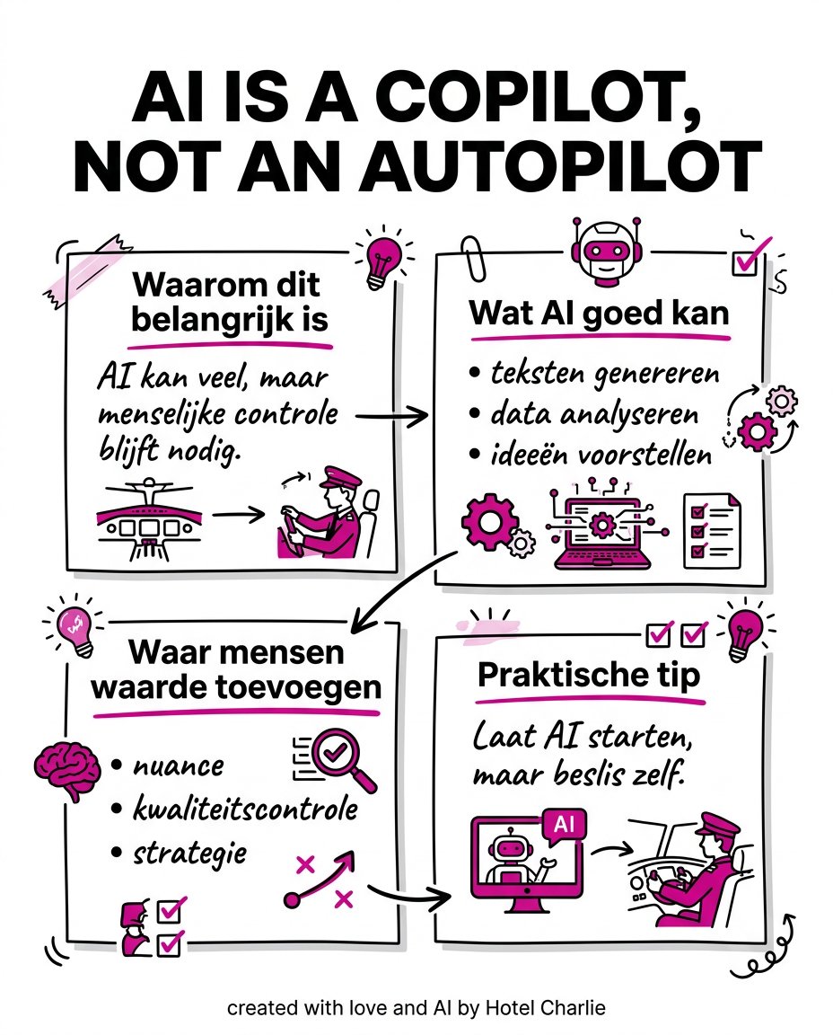 AI is geen autopilot, maar je copiloot. Samenwerken met AI versnelt je werk, zonder controle te verliezen. Rust en grip blijven centraal. 🤝 #KMO #AI