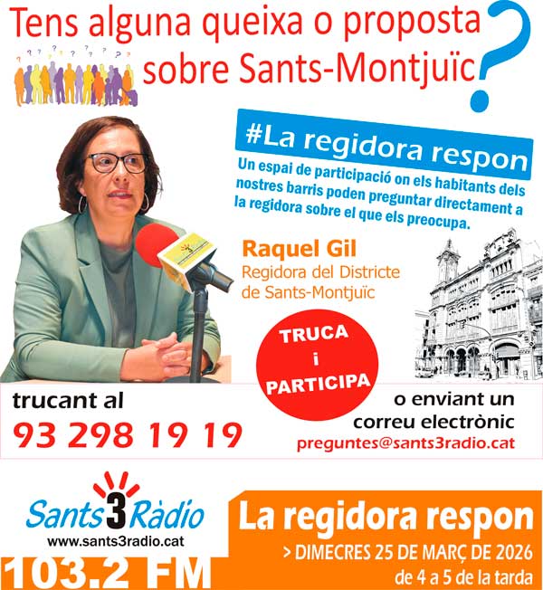 sants3radio's tweet image. Bon dia veïnat, avui dimecres!⚠️

De 4 a 5 de la tarda, teniu una cita amb el programa #LaRegidoraRespon📻 amb la Raquel Gil @rgileiroa, on podeu fer arribar les vostres queixes i suggeriments sobre els barris de @BCN_SantsMont.

Truca en #directe☎️93 298 19 19 i participa!