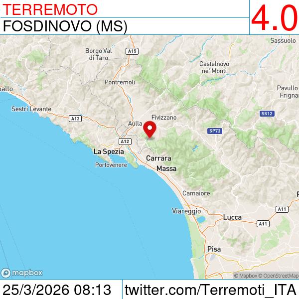 #terremoto alle 08:13
Epicentro: Fosdinovo (MS)
Magnitudo: 4.0
Profondità: 10.9 km
Dettagli: terremoti.ingv.it/event/45417702
Aiuta questo progetto 💚🤍❤️: patreon.com/TerremotiinIta…