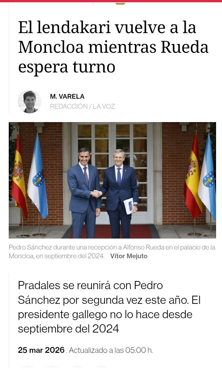 Aquéllos a los que ESPAÑA se la "pela" recibidos en MONCLOA con ALFOMBRA ROJA ( Aitor Esteban, Pradales, Junqueras, Nogueras, Otegui, Aizpurua ... )
Al resto, ni agua... Vamos bien, sí... 
Y ya sé, los que decimos alto y claro estas cosas somos  " FACHAS " 
 🤦🤦🤦 En fin 🤦🤦🤦