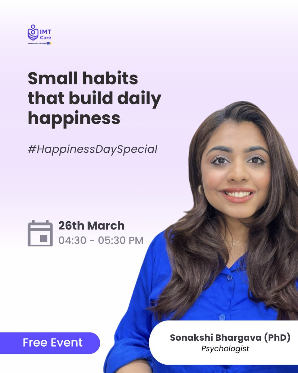 imtcare_'s tweet photo. “I’ll focus on myself later.”
Later doesn’t come.

Start small.
Join us tomorrow for a simple session on daily happiness.
🗓️ 26 March | 4:30 PM
🎟️ Free

Join us 💛https://t.co/RBCJ7iQbBE
#MentalWellbeing #Happiness #WorkLife https://t.co/GkmeyAvmYL