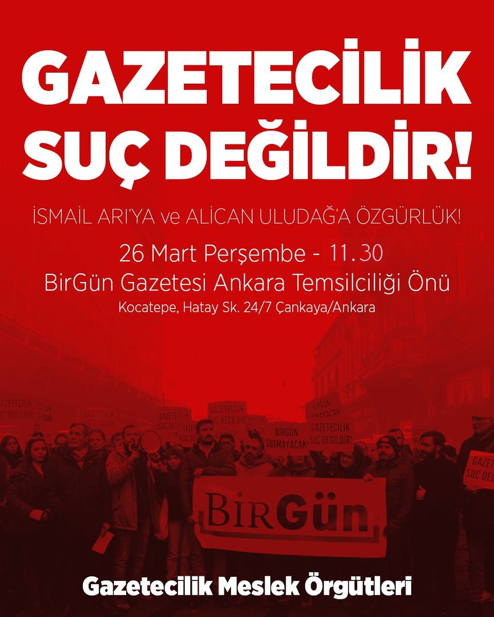 GAZETECİLİK SUÇ DEĞİLDİR!

Mesleğimize yönelik son gözaltı ve tutuklama kararlarına karşı tepkimizi göstermek ve dayanışmamızı ifade etmek üzere basın meslek örgütleri olarak buluşuyoruz.
Tüm üyelerimizi, meslektaşlarımızı ve kamuoyunu dayanışmayı büyütmeye çağırıyoruz.