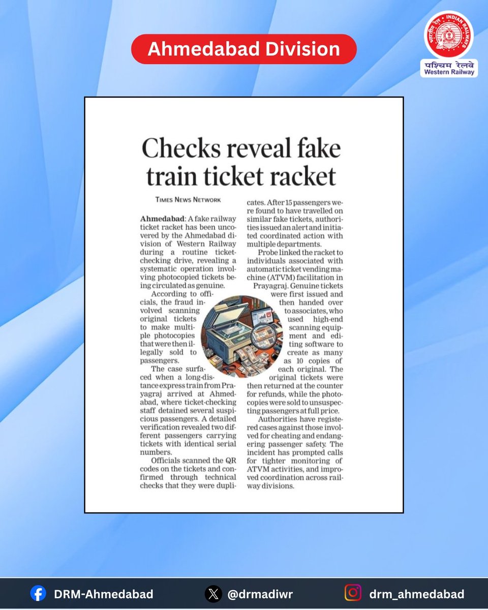drmadiwr's tweet photo. Ahmedabad Division takes strict action against fake ticket racket 💼🚆
Ensuring passenger safety and integrity of railway services remains our top priority.
#AhmedabadDivision #WesternRailway #IndianRailways
#FakeTicketAlert #PassengerSafety
@RailMinIndia @RailMinIndia https://t.co/ZnAiqfjL6p