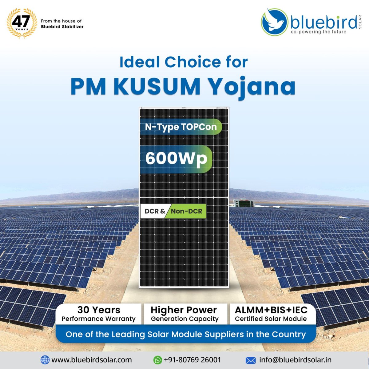 For Solar Pumps and projects under #PMKUSUMYojana, the right modules make all the difference.

Bluebird’s 600Wp N-Type #TOPCon #solarmodules deliver higher generation, better efficiency &amp; reliability. 

For more details
Contact us👉 bluebirdsolar.com/pages/contact-…

#PMKUSUM #SolarEnergy
