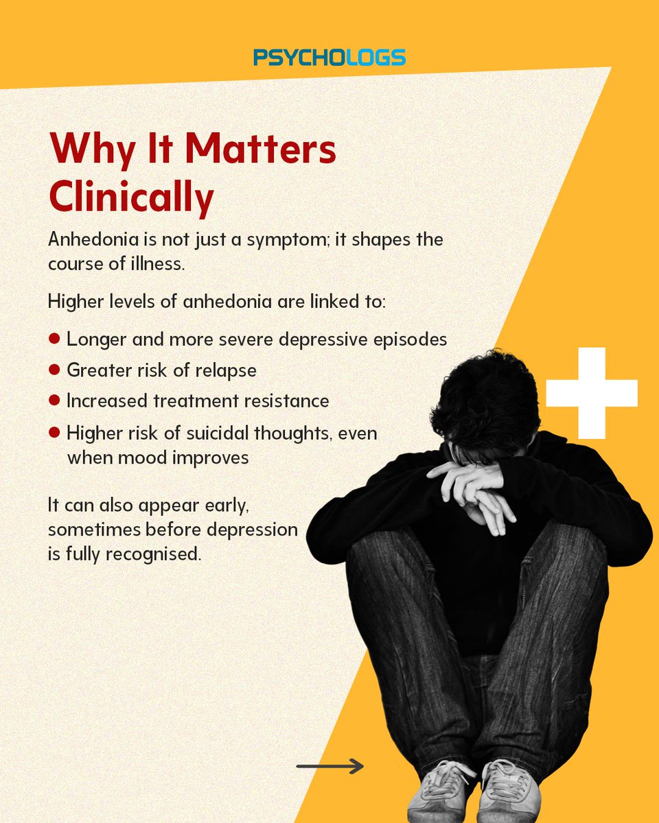PsychologsIndia's tweet image. Anhedonia isn’t just sadness; it’s the loss of pleasure, motivation, and connection
A core feature of depression and bipolar disorder, it often persists even when mood improves.

psychologs.com/when-nothing-f…

#anhedonia #depressionawareness #mentalhealthmatters #mooddisorders